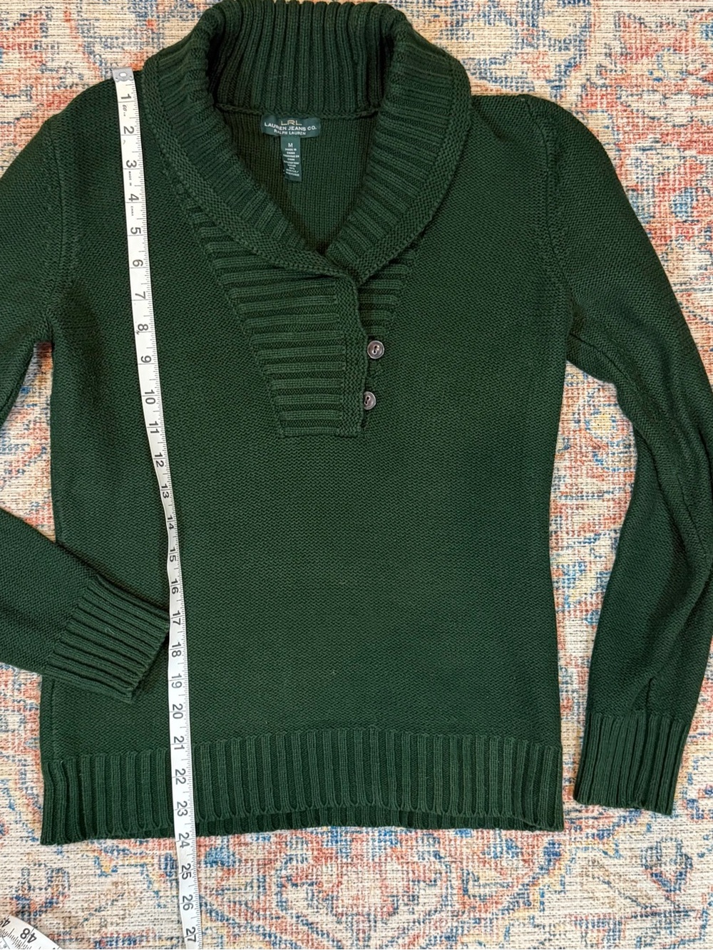 Lauren Jeans Co Ralph Lauren Sweater M Hunter Green Shawl Collar Cotton Blend - Picture 7 of 11